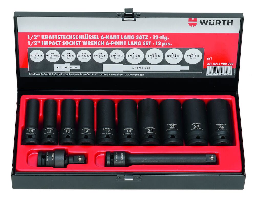 Krafthylssats 1/2" lång 10-24 mm
